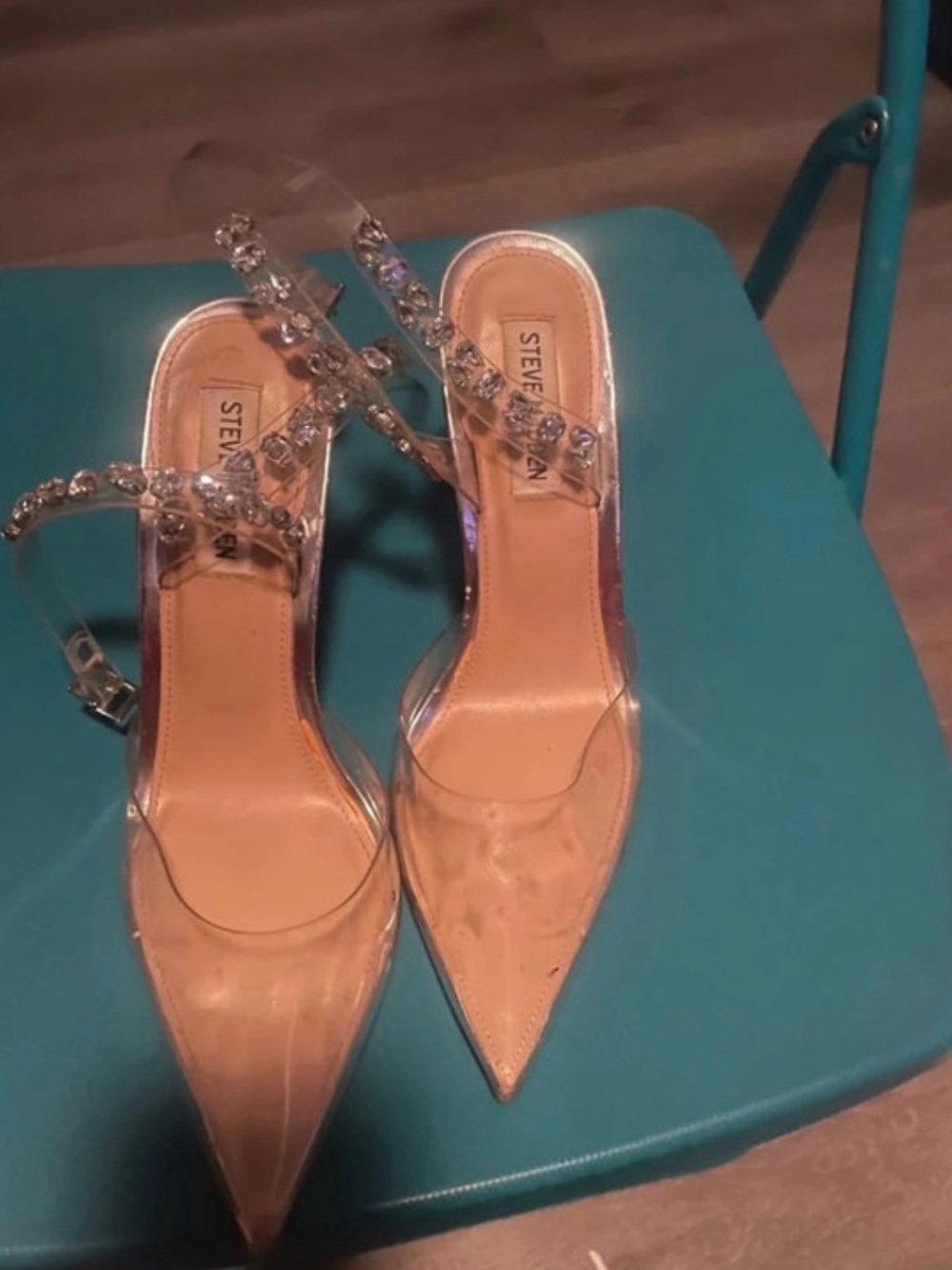 Steve Madden Clear Pointed Toe Slingback Heels With Crystal Straps